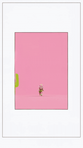 Cartoon character running forward against a solid pink background