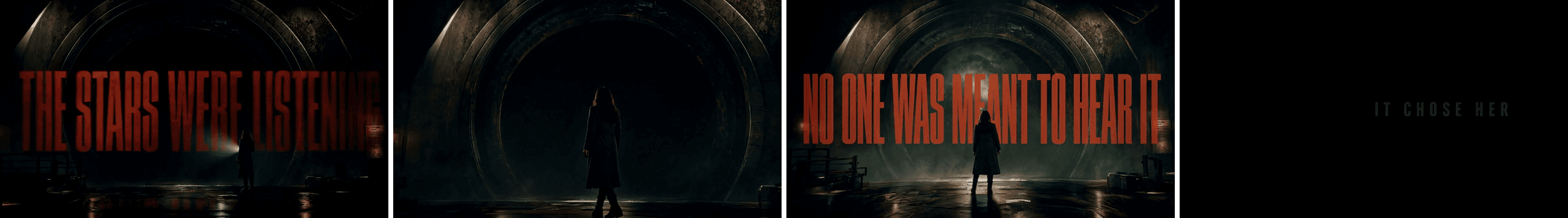 Four panels showing a woman in a dark tunnel with text