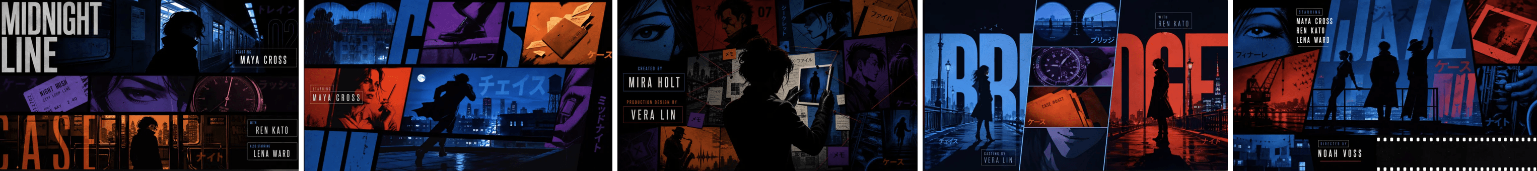 Five cinematic noir panels featuring silhouetted characters in blue and orange
