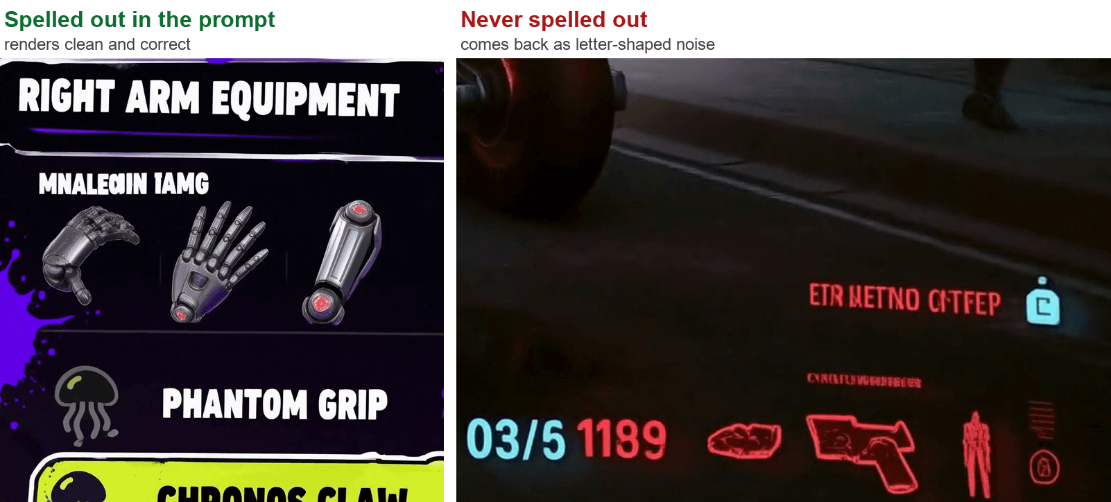 Comparison of legible game UI text and garbled AI text