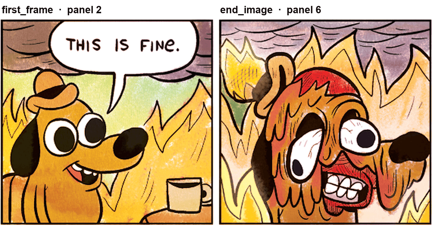 Two panels of the This is Fine dog melting in fire