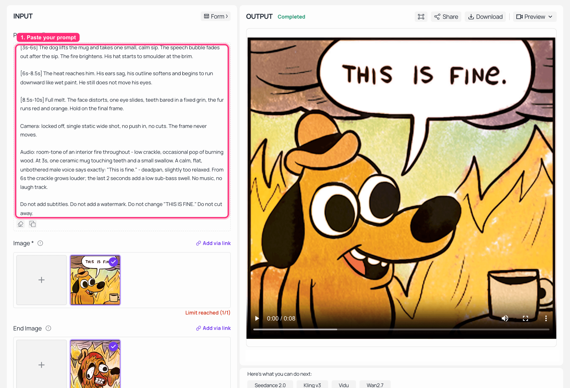 Screenshot of AI video generator showing the This is fine meme