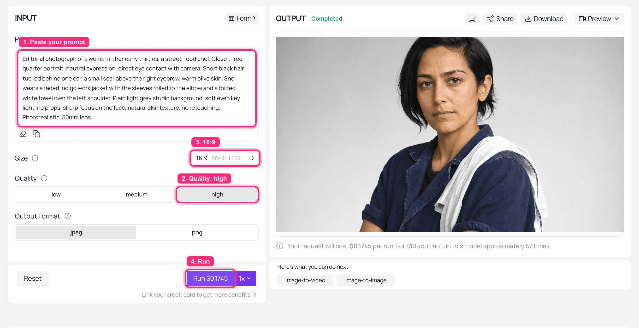 Screenshot of AI image generator showing input prompt and generated portrait