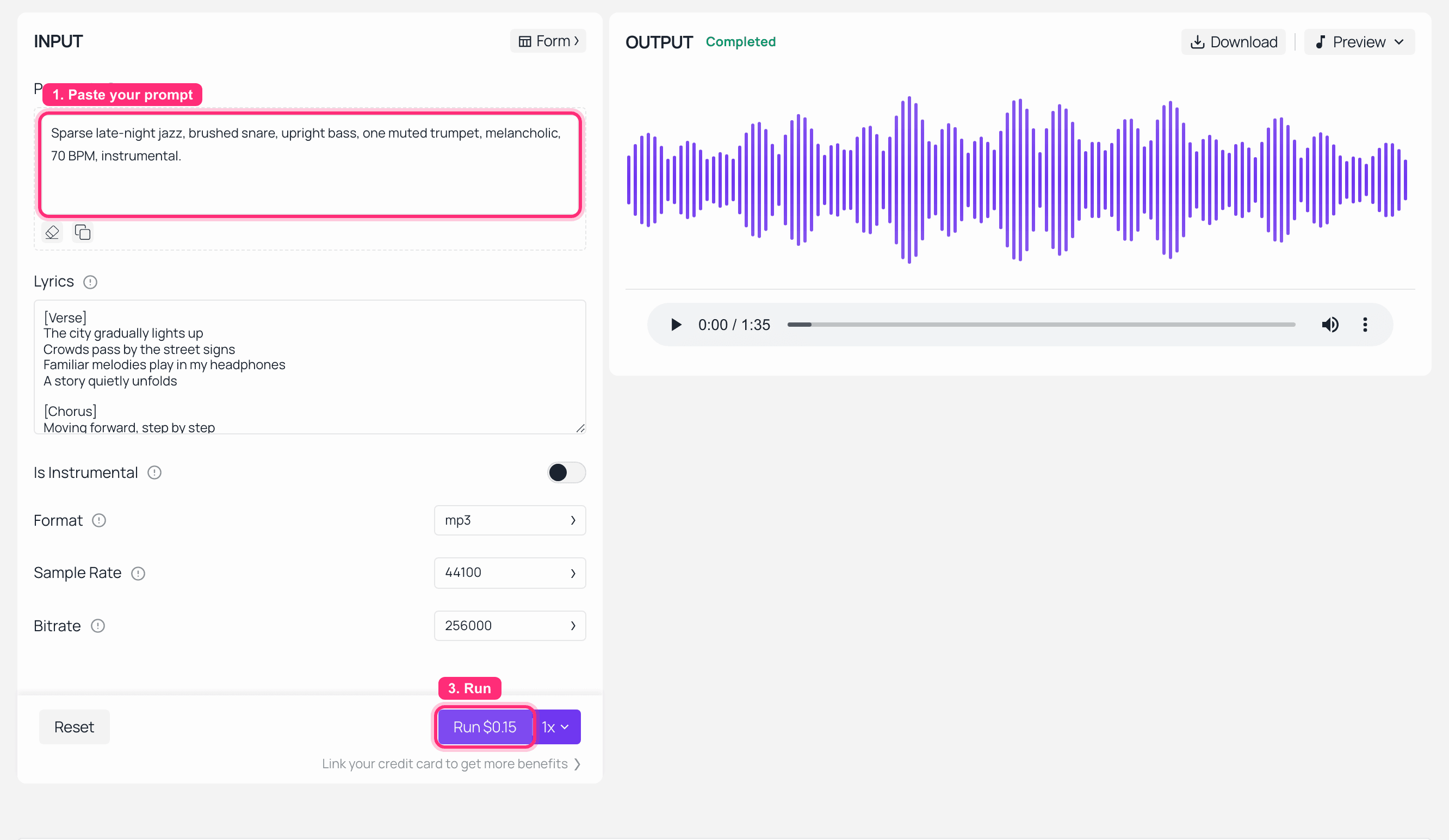 AI music generator interface showing text prompt and generated audio waveform