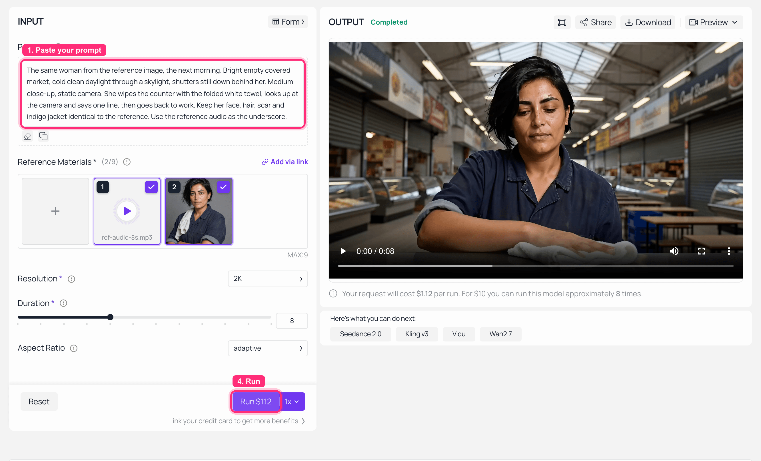 AI video generator interface showing input prompt and generated video