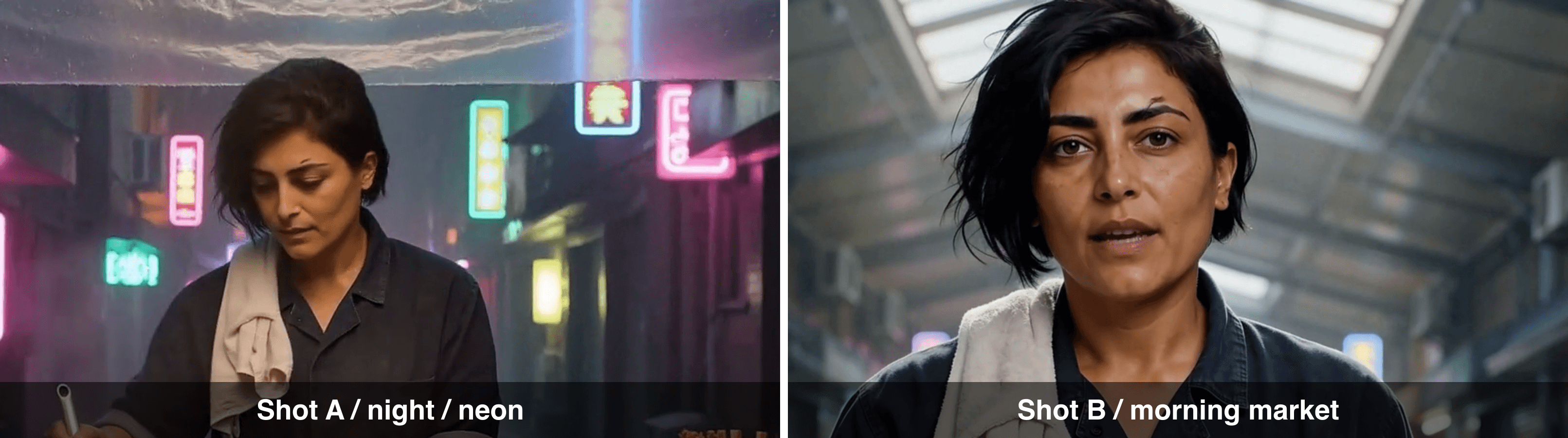 Comparison of a woman in neon night and morning market lighting