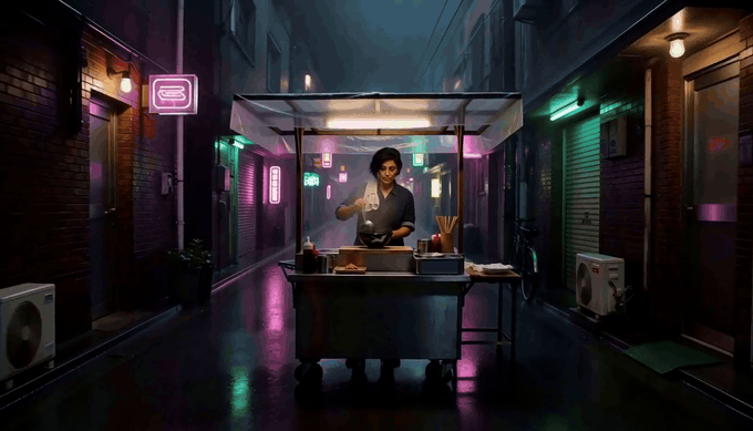 Woman cooking at a food cart in a neon-lit alley