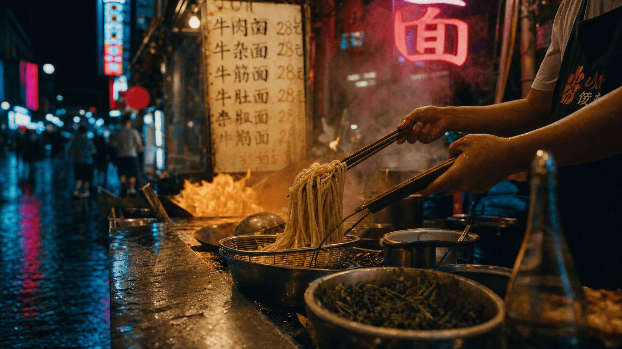 Hands lifting steaming noodles with chopsticks at a street food stall