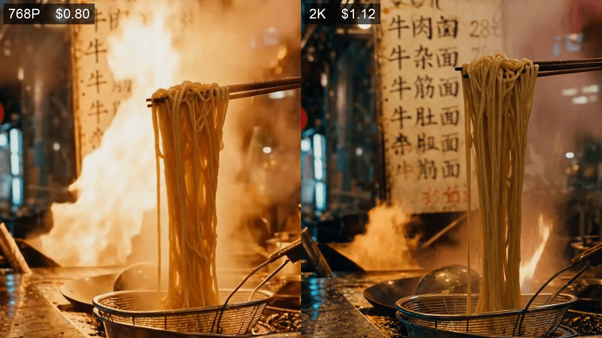 Matched crops from the 768P draft and the 2K final, labelled with their real bills, showing the menu board legible only at 2K