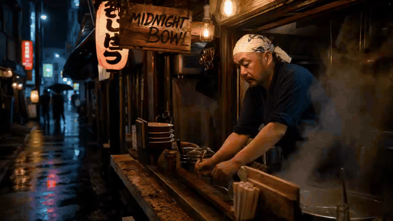 Chef cooking at a steaming outdoor stall in a rainy alley