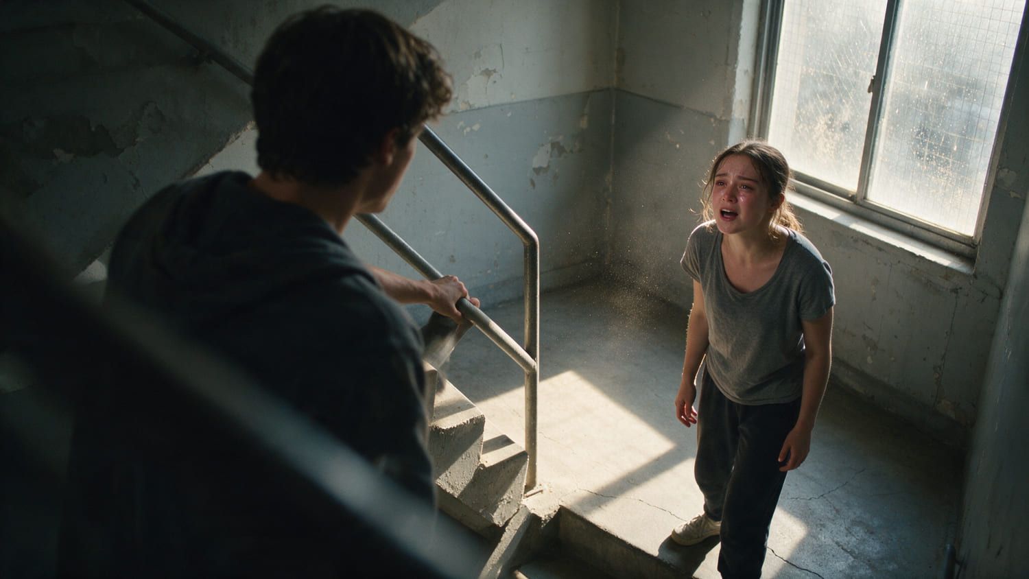 Crying young woman looks up at a man in a stairwell