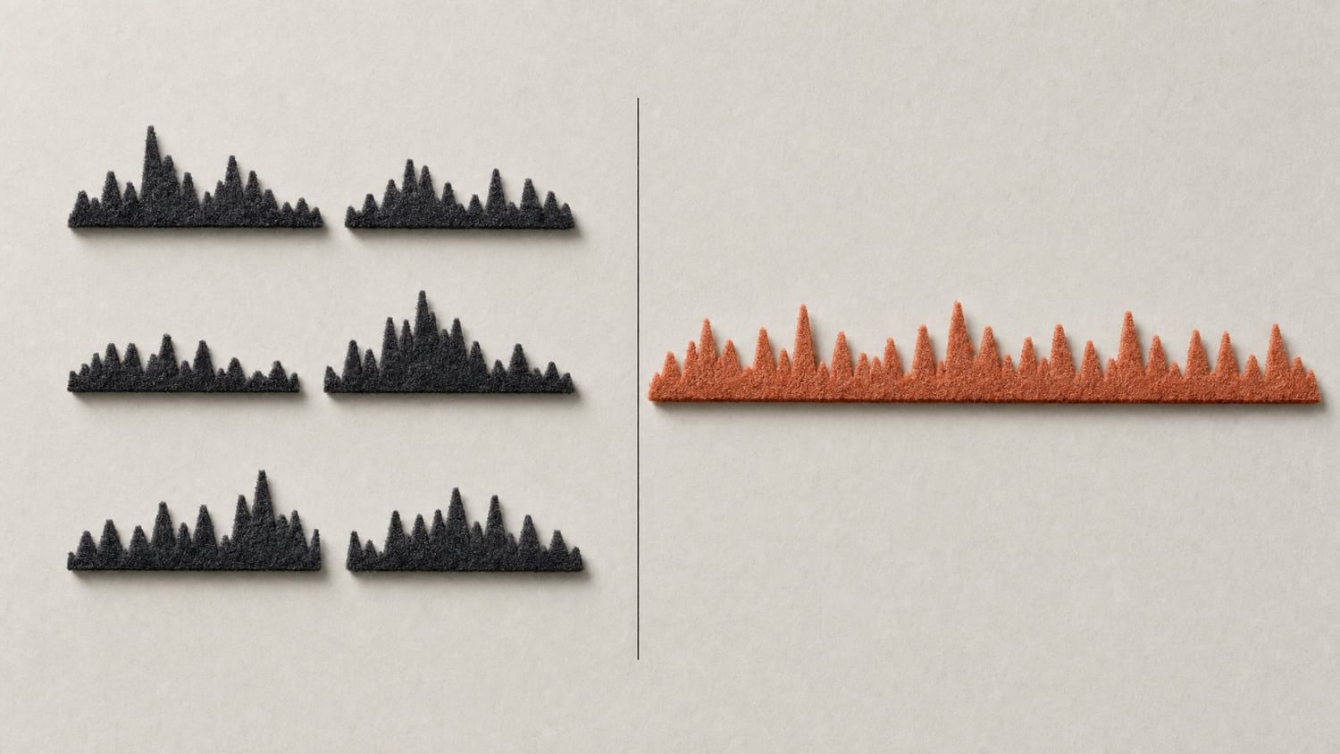 Six small black soundwaves next to one long orange soundwave