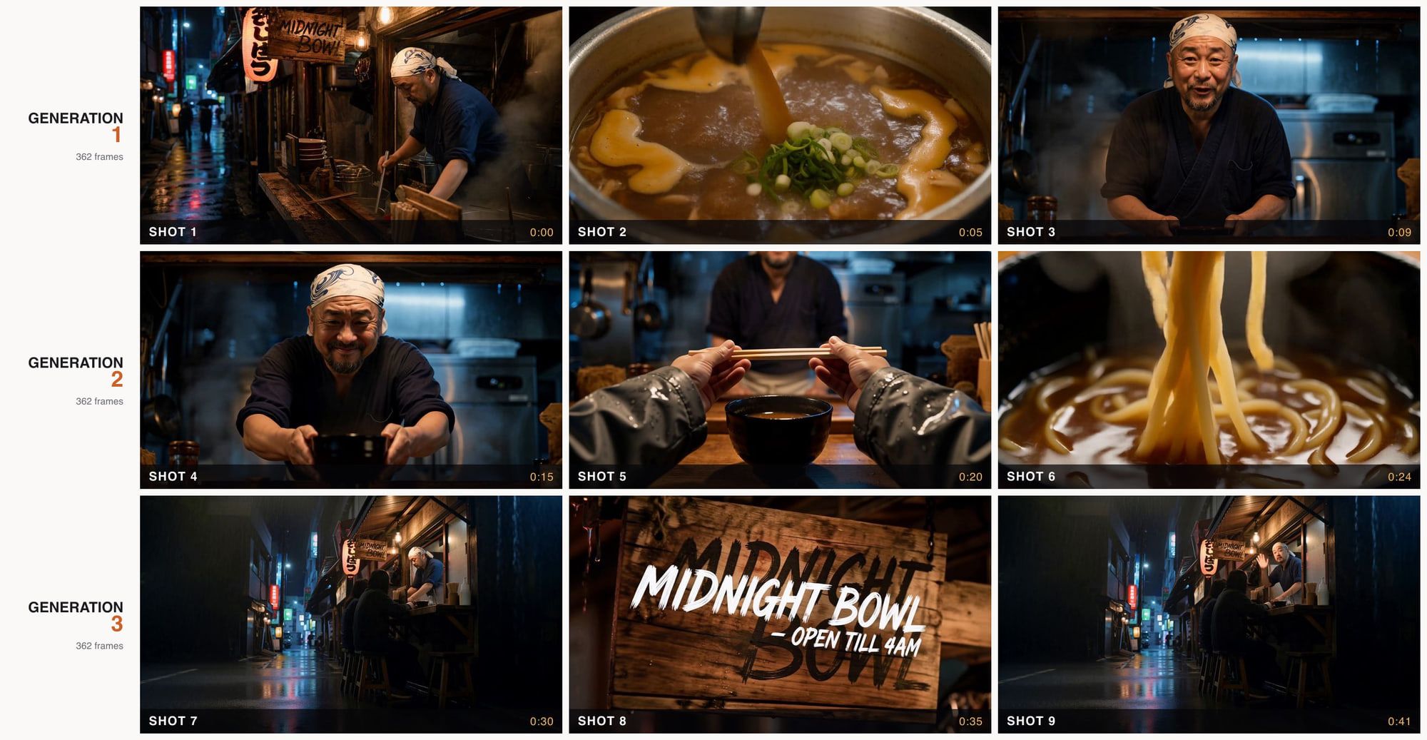 Nine video frames showing a chef preparing and serving ramen