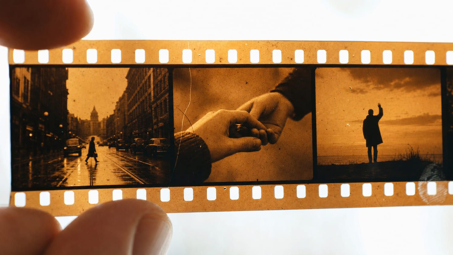 Fingers holding a sepia film strip showing a street, hands, and silhouette