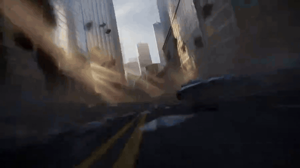 First-person view of skyscrapers collapsing onto a city street