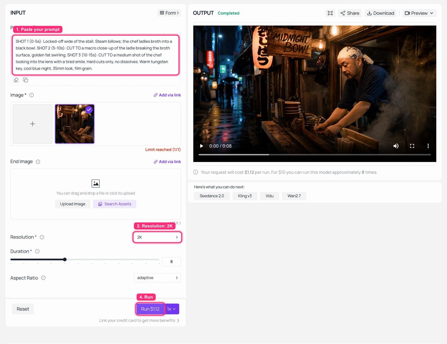 AI video generator interface showing input settings and completed video output