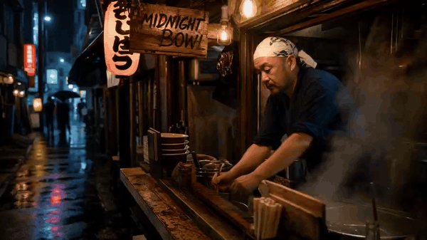 Chef preparing food at a steaming street stall on a rainy night