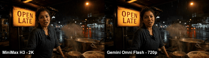 Side-by-side comparison of a night food stall scene at different resolutions