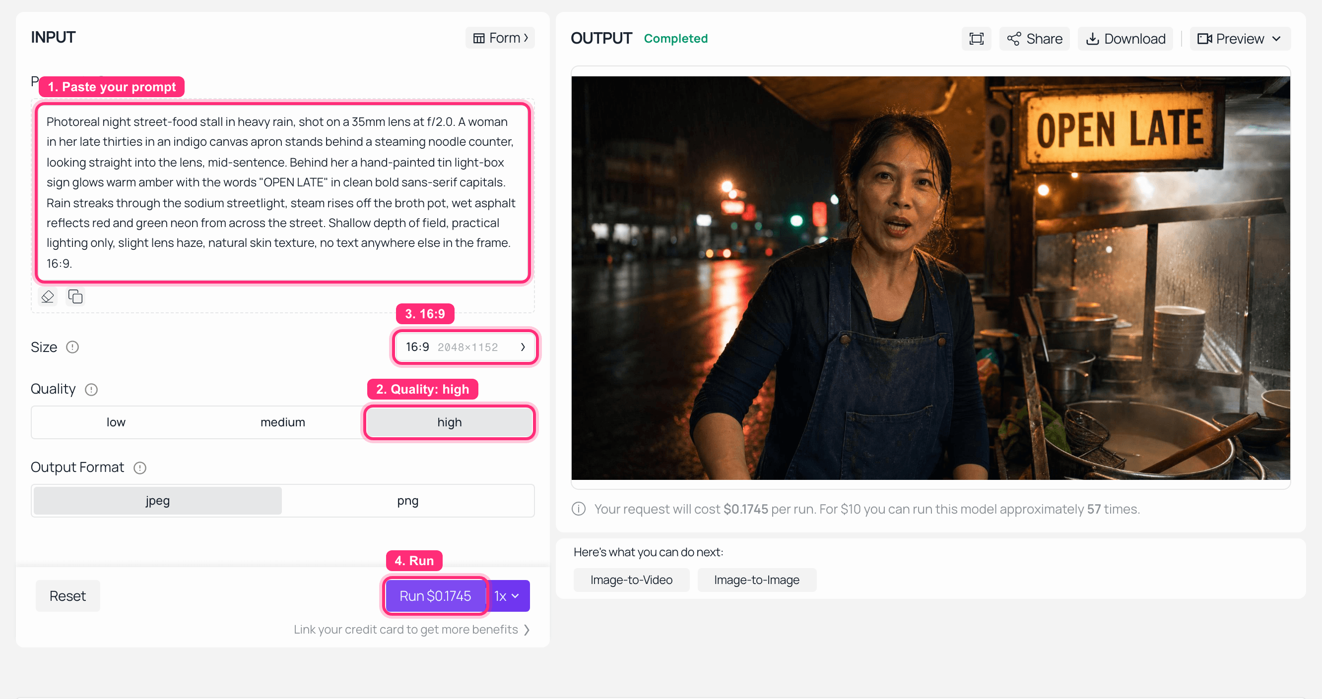AI image generator interface showing a prompt and the generated image