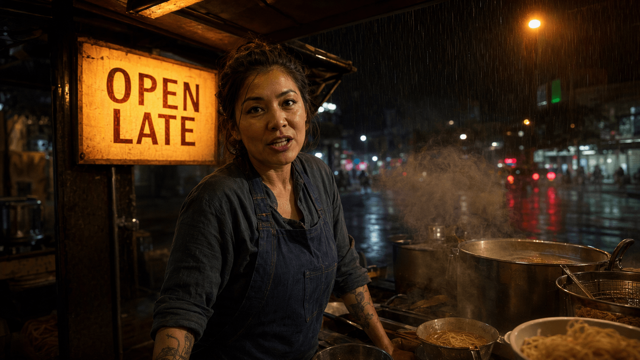 A woman stands at a steaming street food stall at night