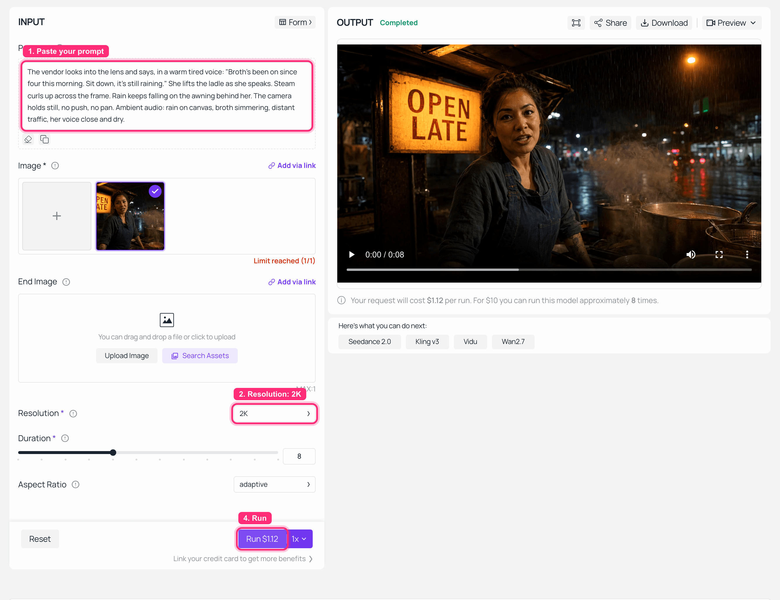 AI video generation interface showing text prompt input and video output