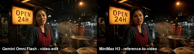 Comparison of a woman cooking at a rainy night food stall