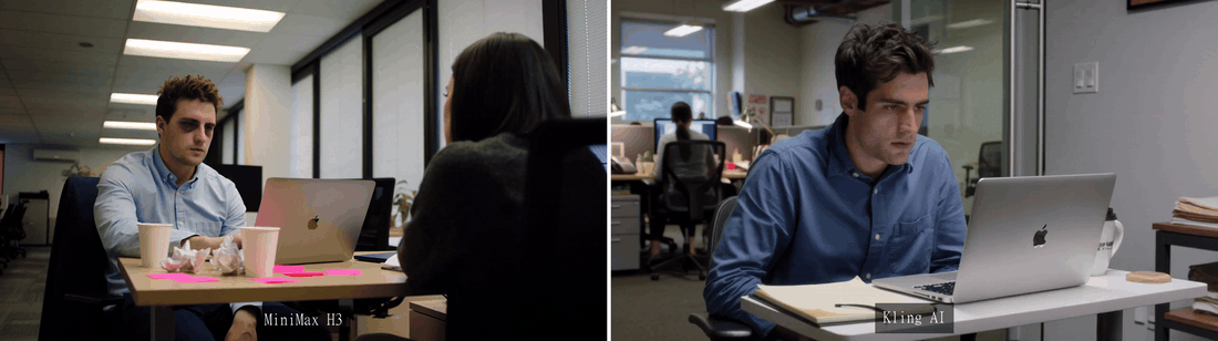 MiniMax H3 vs Kling AI dialogue comparison GIF showing the same two-character office microdrama prompt side by side
