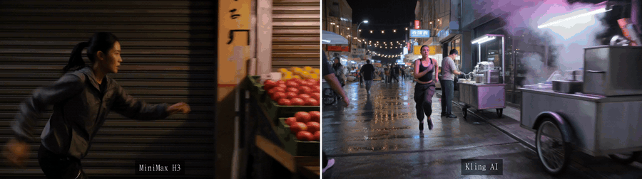 MiniMax H3 vs Kling AI action motion comparison GIF with a night-market freerunner prompt
