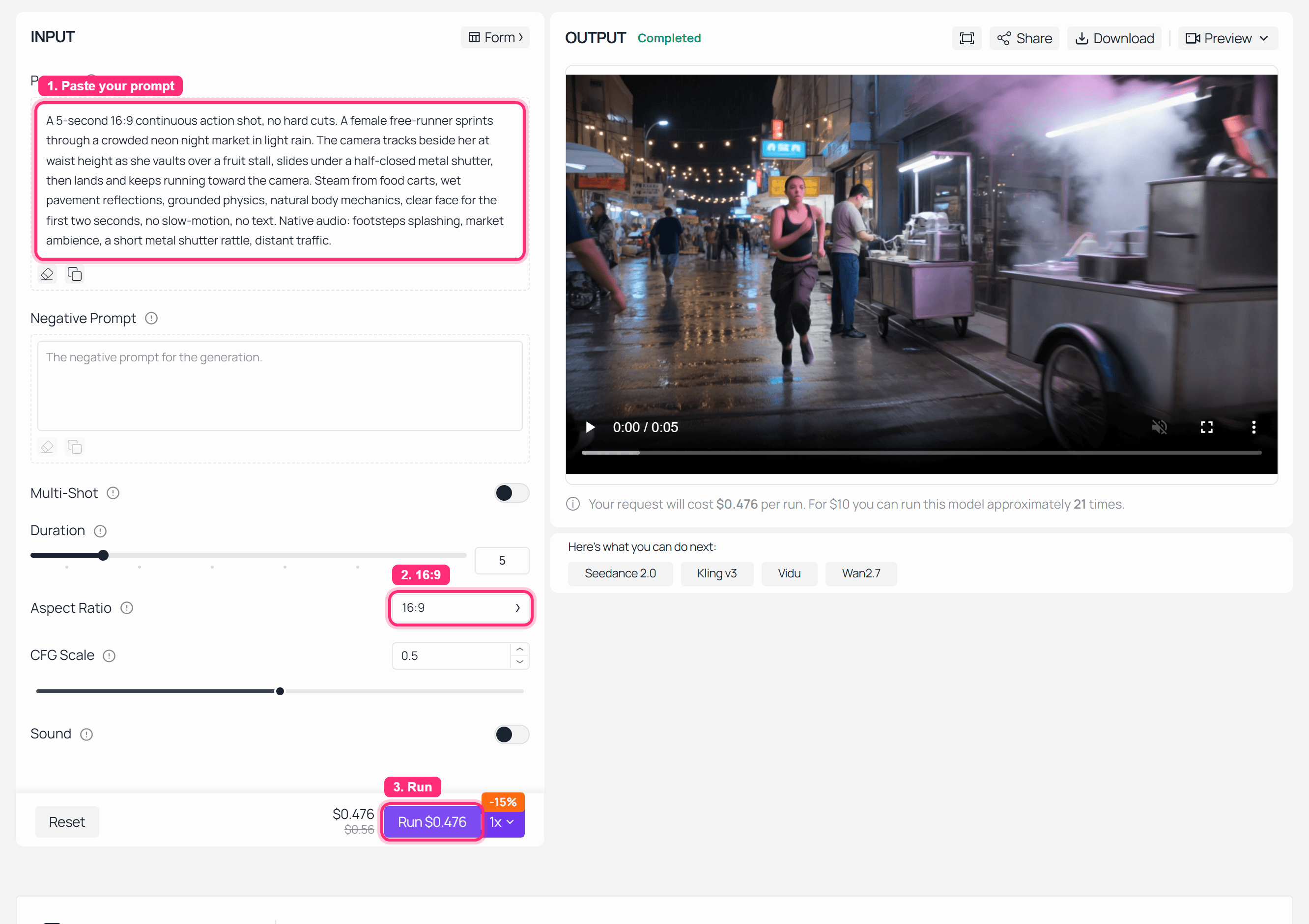 Kling AI completed action motion playground run on Atlas Cloud for the freerunner prompt