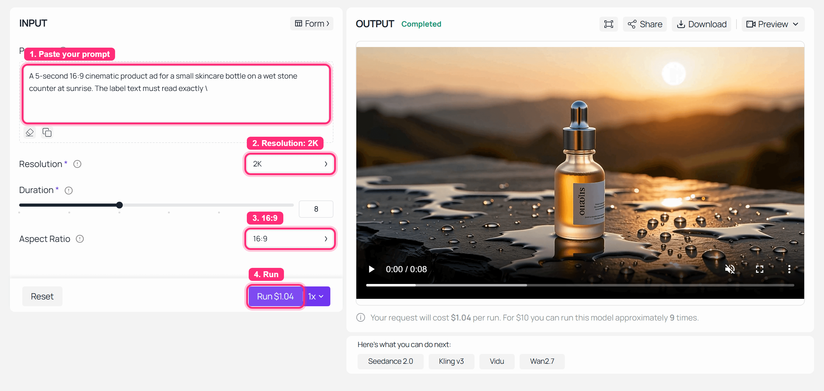 MiniMax H3 completed product ad playground run on Atlas Cloud for the LUMA SERUM prompt