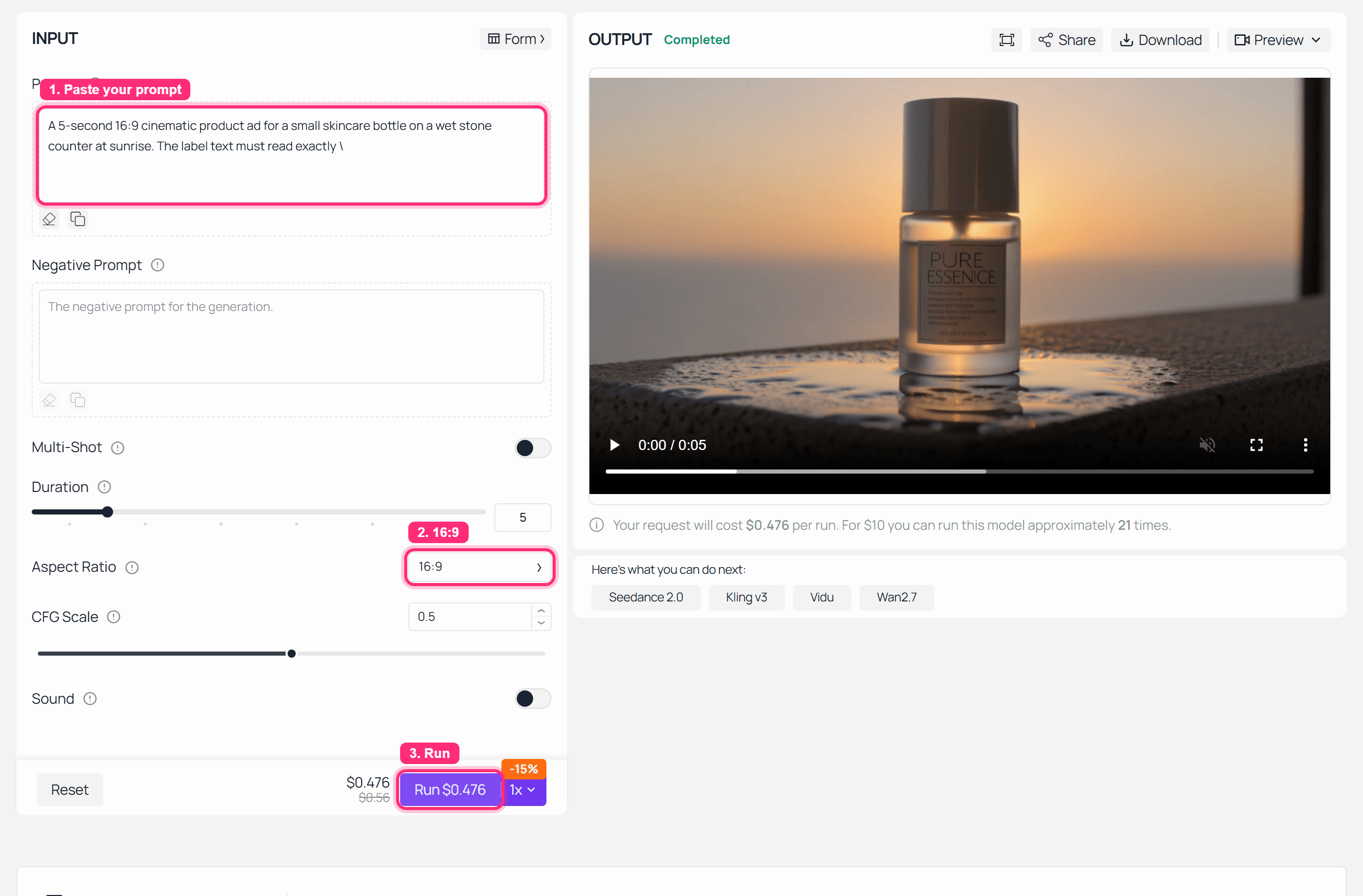 Kling AI completed product ad playground run on Atlas Cloud for the LUMA SERUM prompt