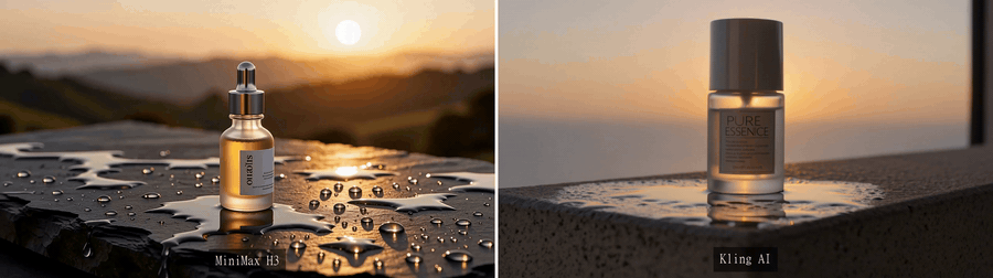 MiniMax H3 vs Kling AI product ad comparison GIF showing the same skincare prompt rendered side by side