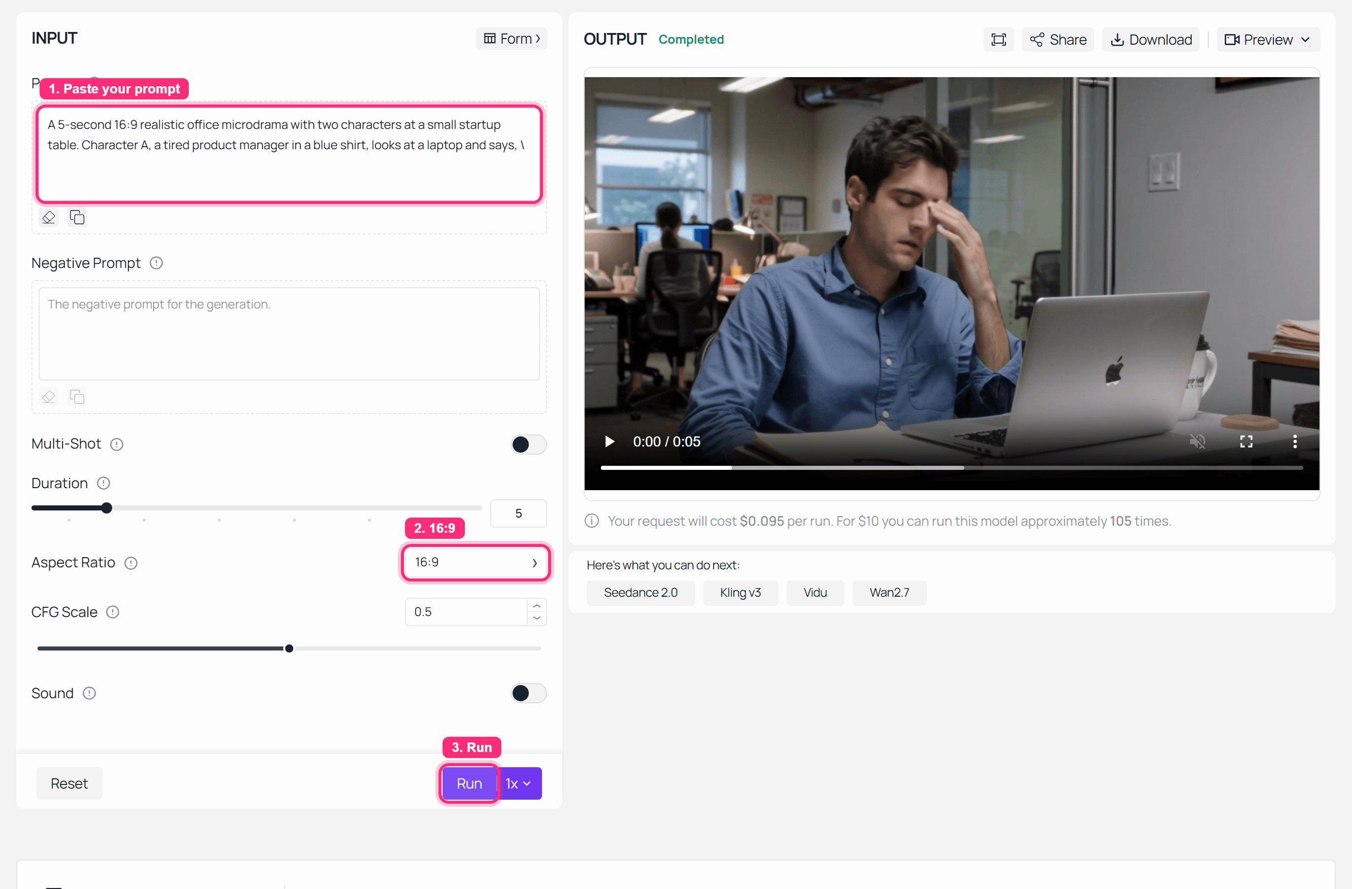 Kling AI completed dialogue playground run on Atlas Cloud for the two-character office microdrama prompt