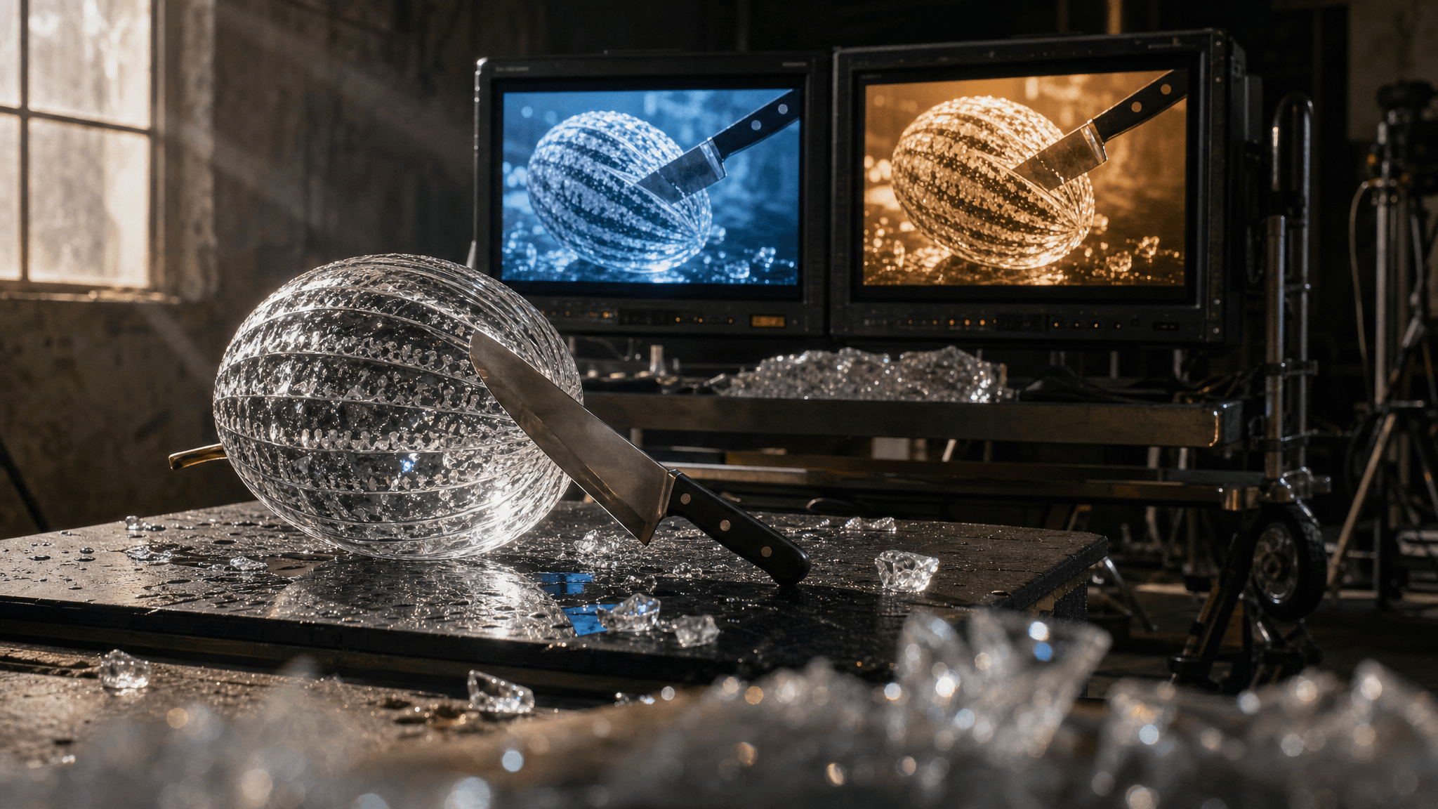 Glass watermelon with a knife in front of two video monitors