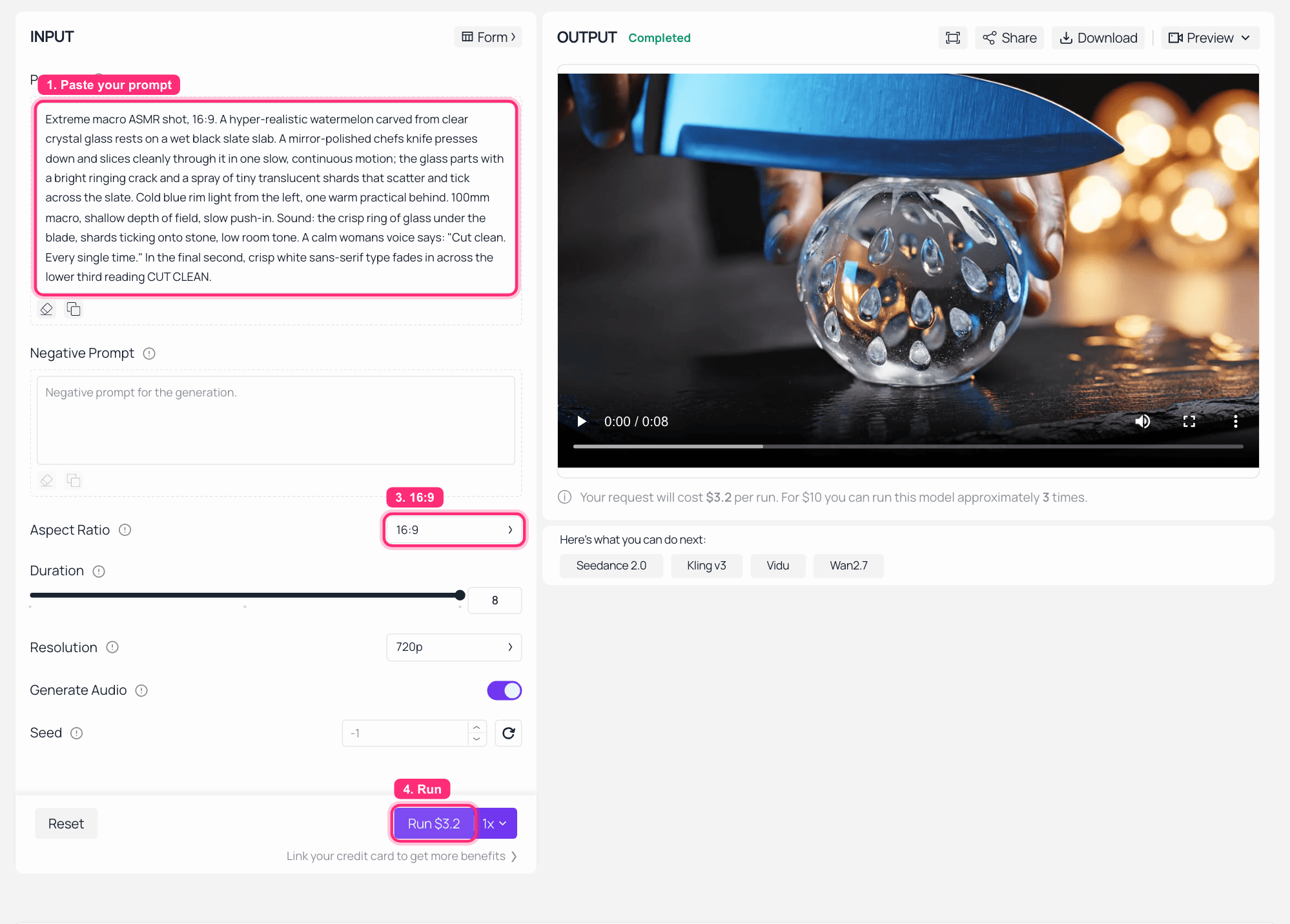 AI video generator interface showing a text prompt and completed video