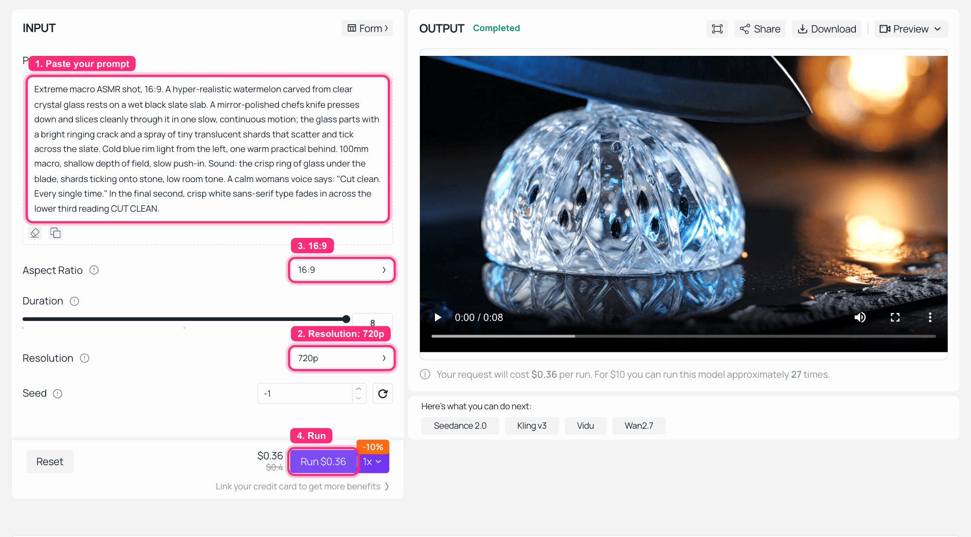 AI video generator interface showing prompt settings and generated video preview
