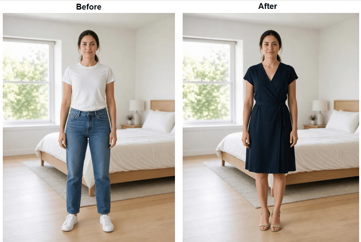 Full-body before and after showing a virtual dress try on, the original outfit replaced by a knee-length navy wrap dress with sandals, face and pose unchanged.