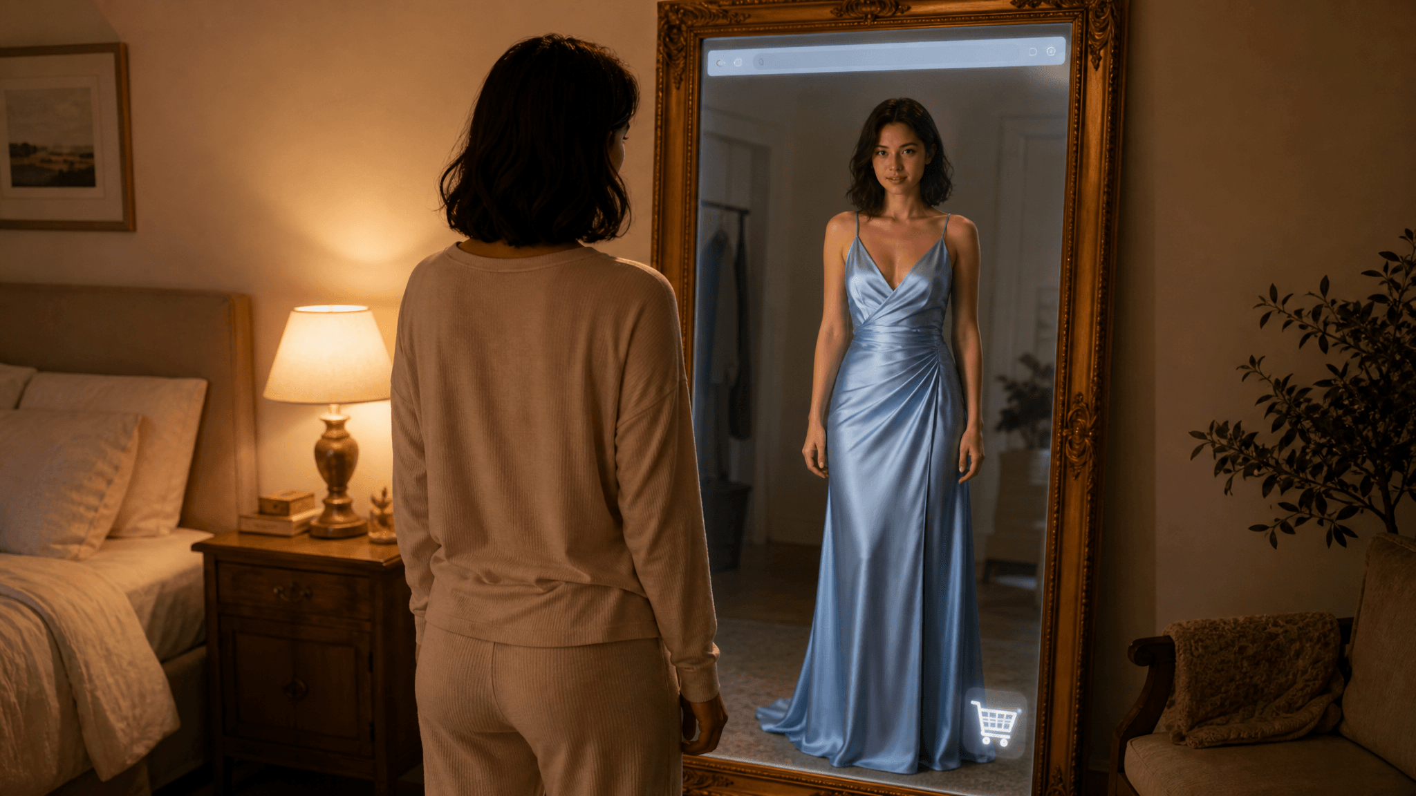 Illustration of virtual try-on as a fairy-tale magic mirror, an ornate mirror whose glass is a browser window showing the viewer in a different dress.