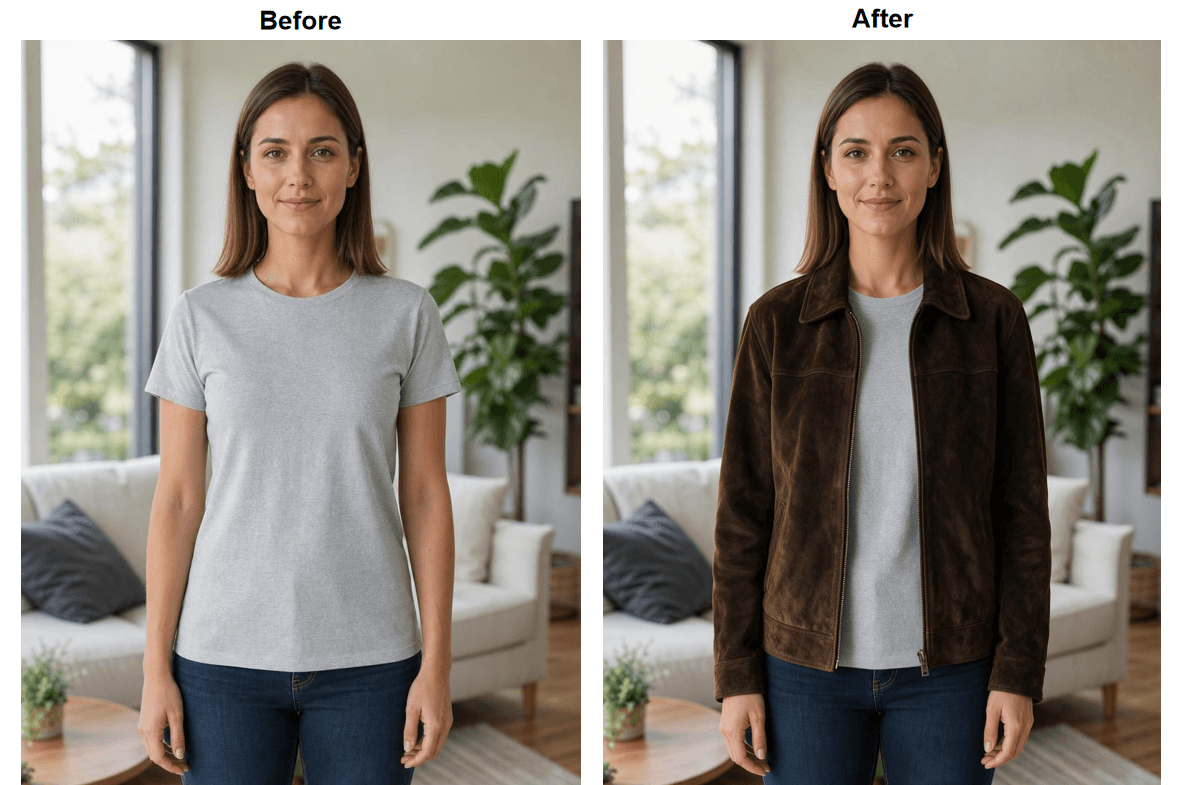 Before and after result of an AI clothes try on, the original outfit on the left replaced by a brown suede jacket and white t-shirt on the right, face and pose unchanged.
