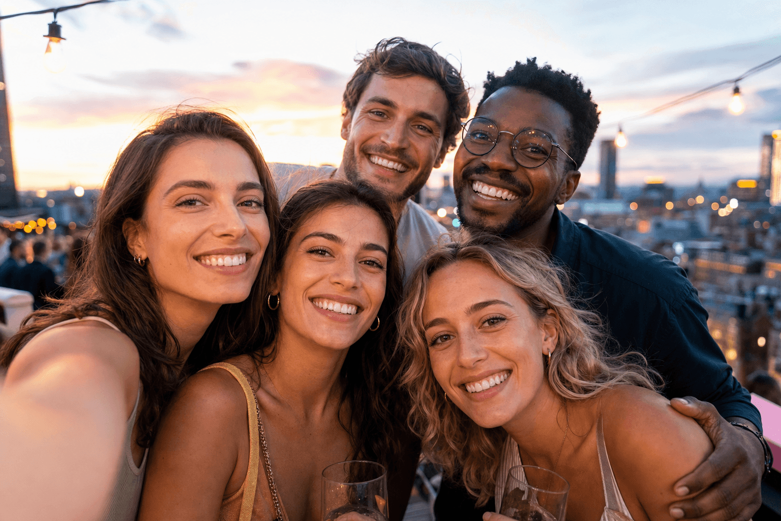 Five smiling friends taking a selfie on a rooftop at sunset
