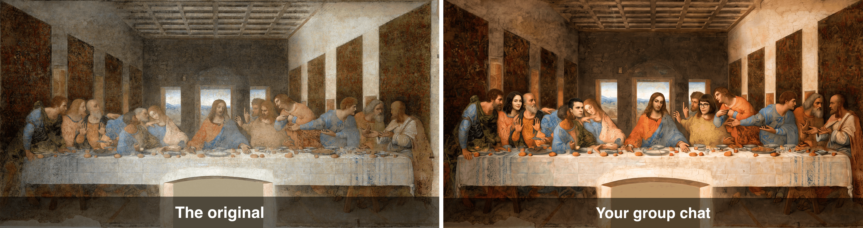 The Last Supper painting compared with a version featuring modern faces