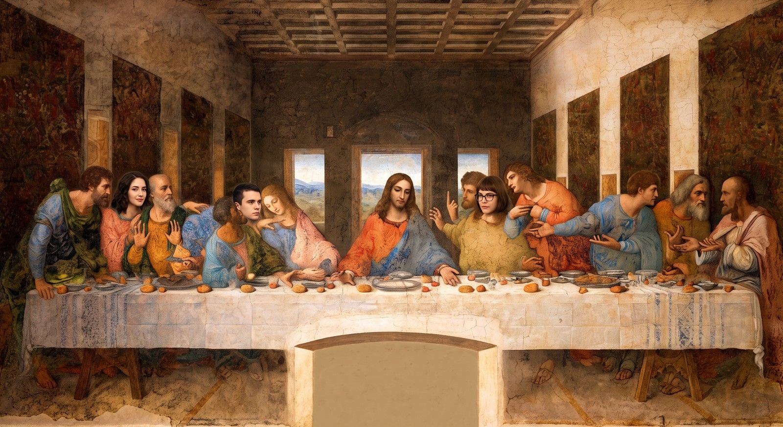 Modern faces photoshopped onto disciples in The Last Supper painting
