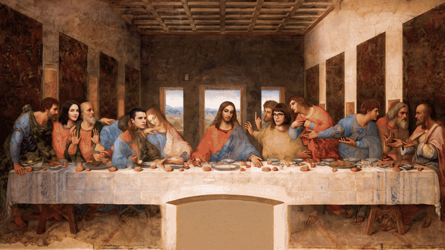 The Last Supper painting with modern faces photoshopped onto the disciples