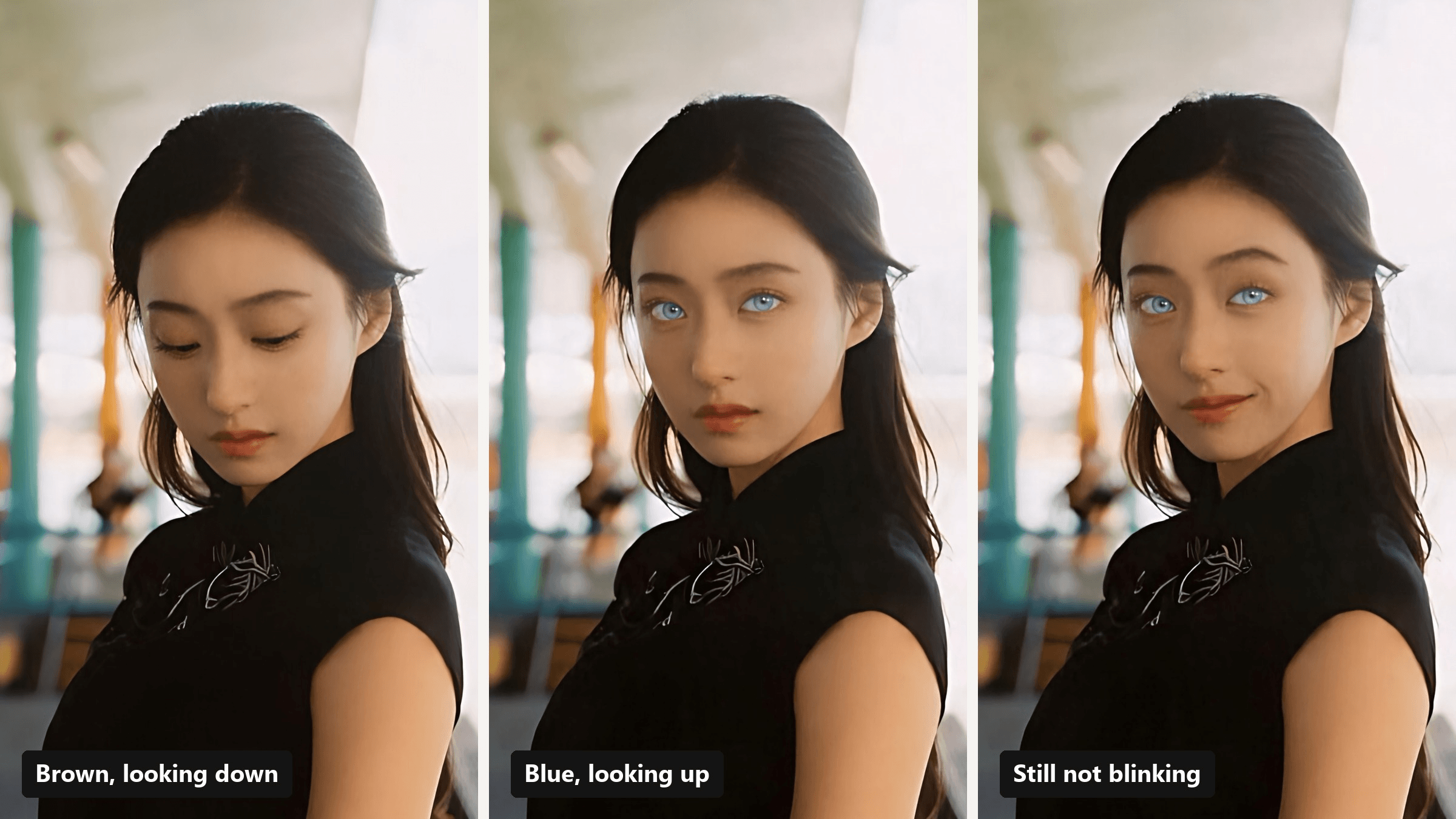 Three frames from the blue eye filter video: a woman on a train platform looks down with brown eyes, looks up with icy blue eyes, then holds the stare