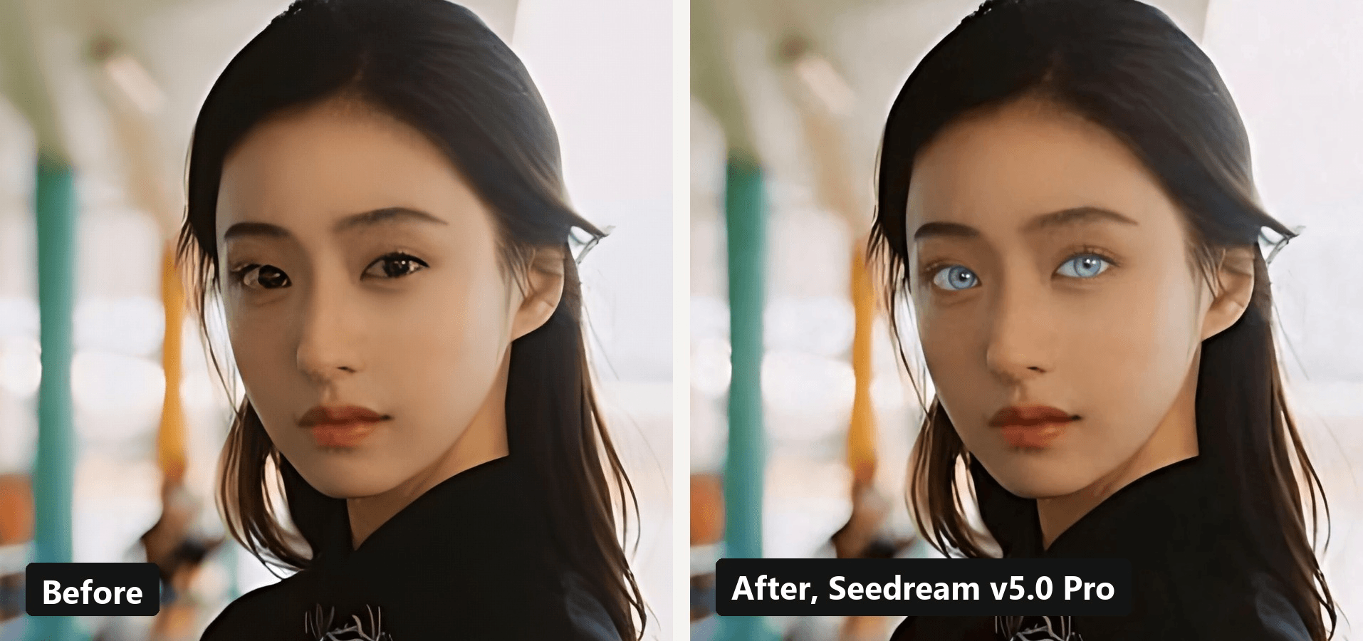 Before and after of the AI eye color changer: the same portrait with dark brown eyes on the left and icy blue eyes on the right