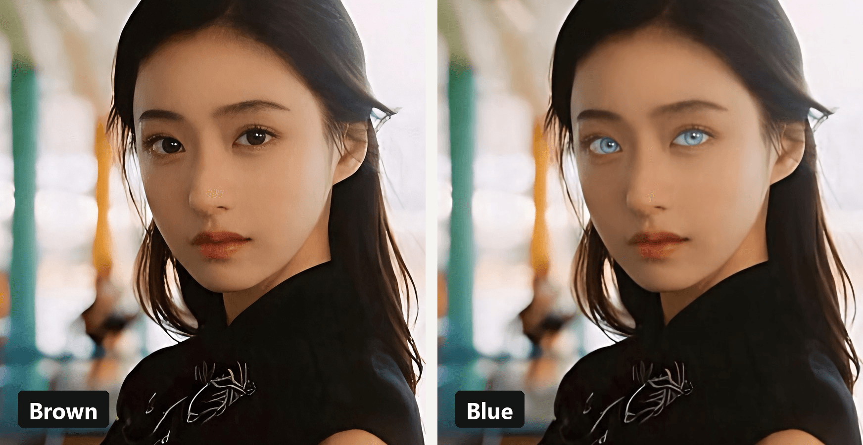 Blue eye theory test: the same stern face from the video with dark brown eyes on the left and icy blue eyes on the right