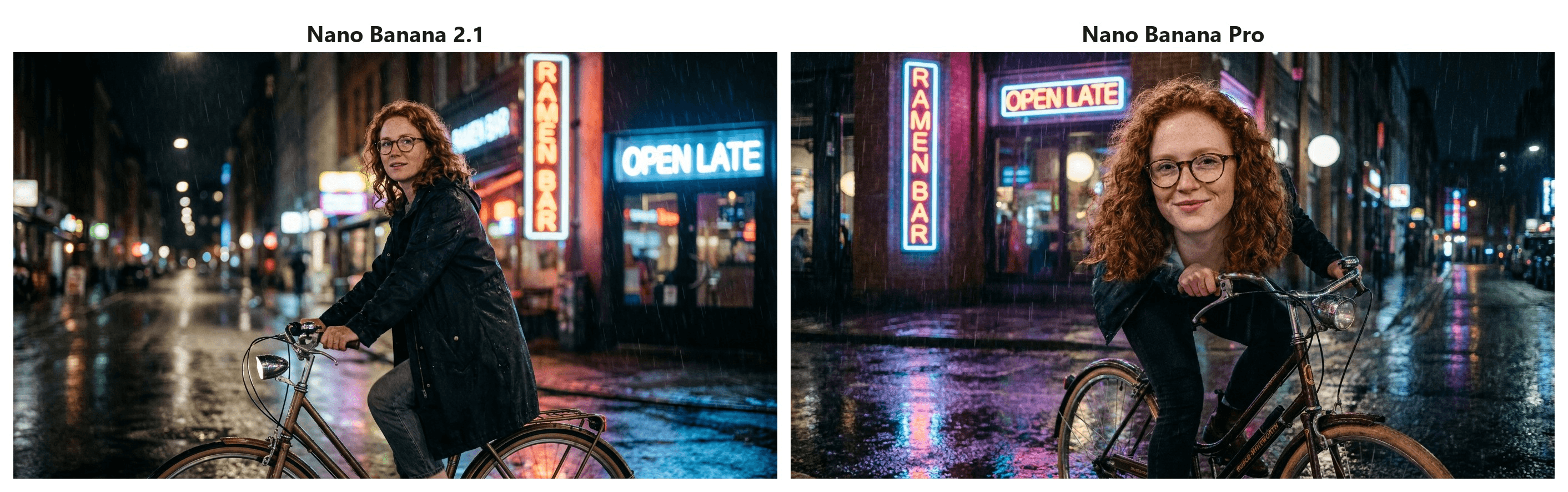 Two photorealistic renders of the same prompt. Left, Nano Banana 2.1 places the cyclist mid-street in profile with a vertical red RAMEN BAR sign and a blue OPEN LATE sign behind her. Right, Nano Banana Pro frames her closer and facing the camera with the same two signs legible.