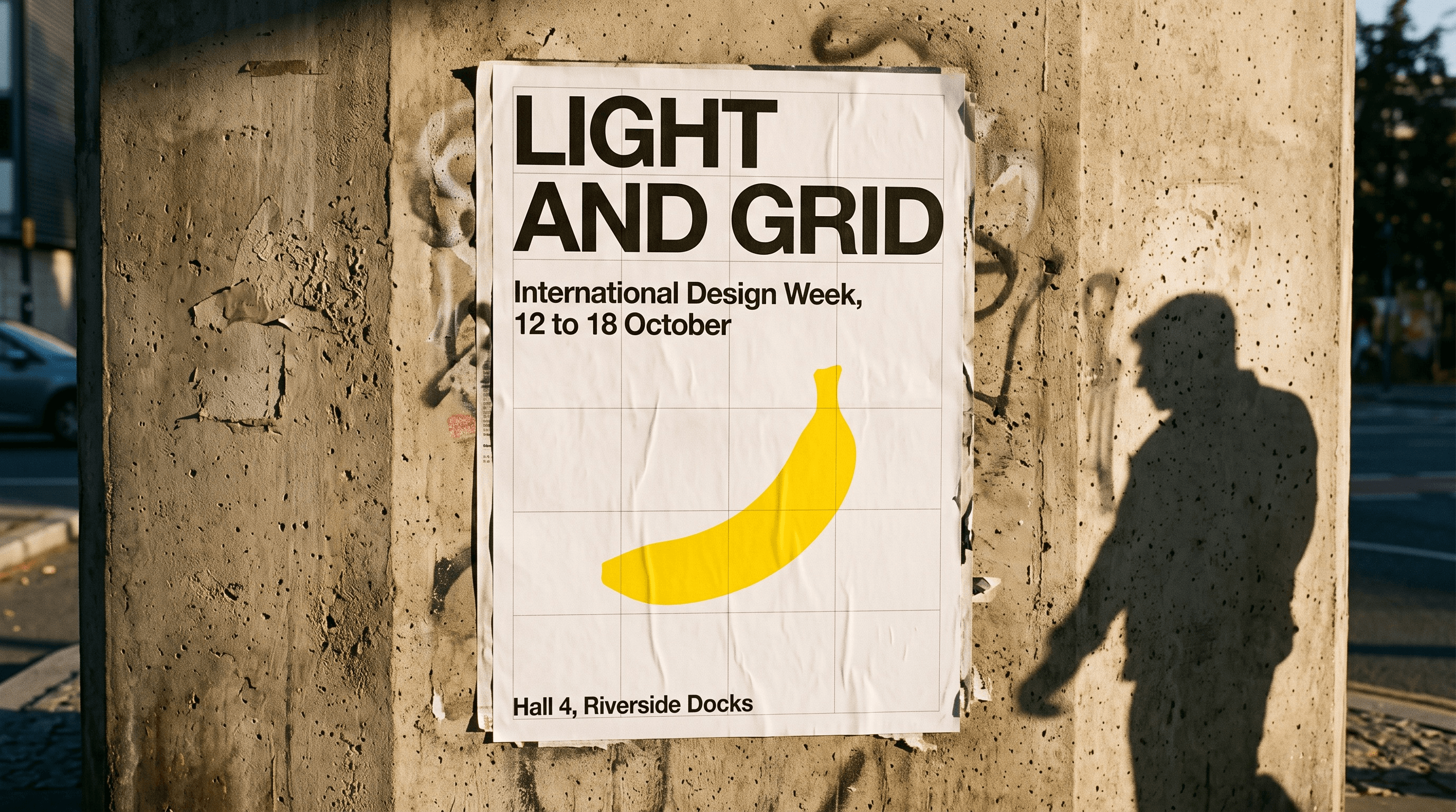 A photorealistic Swiss-style poster reading LIGHT AND GRID with a yellow banana silhouette, pasted on a sunlit concrete wall, generated by Nano Banana 2.1 on Atlas Cloud at 2K from a single prompt.