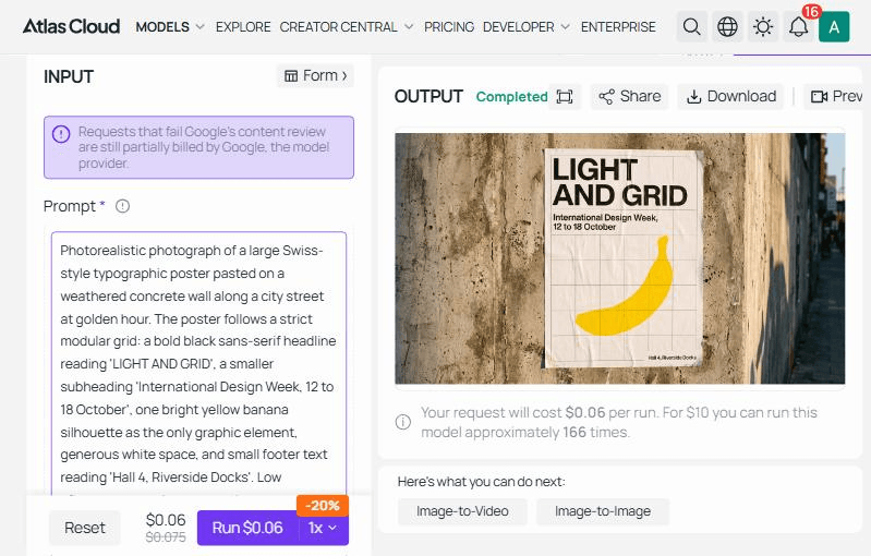 The Nano Banana 2.1 text-to-image playground on Atlas Cloud after a completed 2K run. The INPUT panel shows the LIGHT AND GRID poster prompt and a Run button reading $0.06, and the OUTPUT panel shows the finished poster with a Completed label and Share and Download controls.