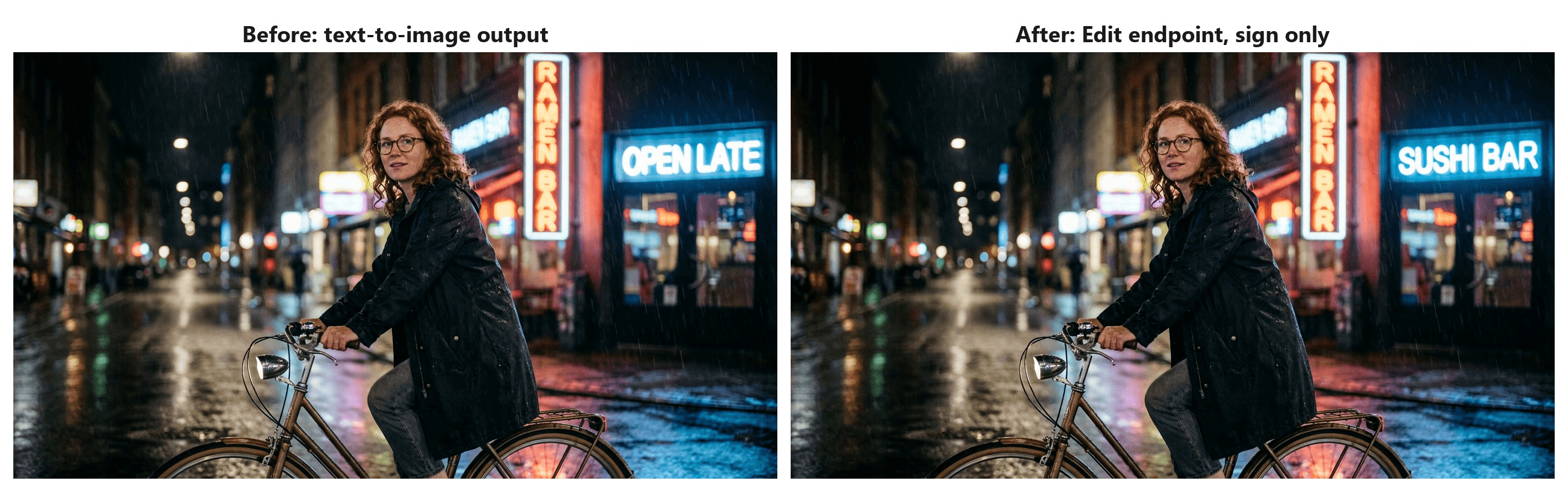 Side by side before and after from the Nano Banana 2.1 edit endpoint on Atlas Cloud. The left frame shows a woman cycling through a rainy neon street with a blue OPEN LATE sign. The right frame is identical except the sign now reads SUSHI BAR.